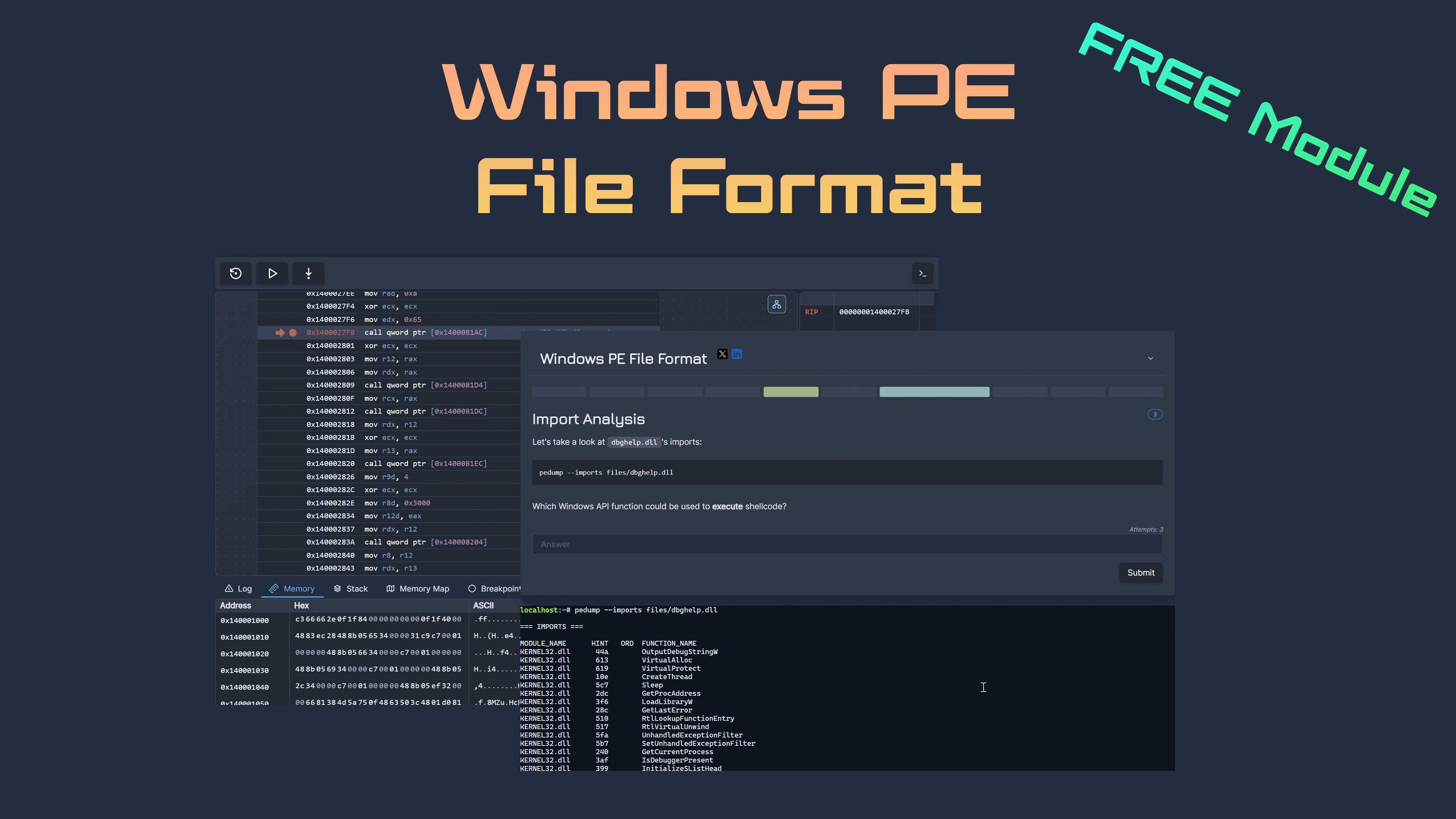 This module is designed to familiarize you with the Portable Executable (PE) file format and demystify its structure. While PE files might seem complex at first, they follow a logical and well-documented structure that becomes intuitive with practice. The format itself isn't difficult to understand. It's simply a matter of knowing where to look and getting lots of hands-on experience analyzing real samples.

Our goal is to equip you with the ability to quickly identify different sections and components of a PE file during analysis. More importantly, you'll learn what the PE file format offers to attackers and how adversaries leverage its features for malicious purposes. By the end of this module, you'll be able to recognize common malware patterns like packing, DLL side-loading, and resource-based payload delivery just by examining the PE structure with tools like pedump.