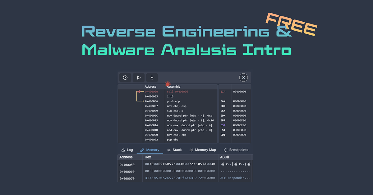 
This hands-on module walks you through real reverse engineering challenges using our in-browser debugger.

* No VM
* No malware downloads
* No setup

You'll work with code samples designed to show you how assembly works, stepping through instructions one at a time, inspecting registers and memory, and solving puzzles designed to teach you how programs work at the assembly level. Each exercise builds on the last, gradually introducing new concepts like function calls, loops, conditional logic, and data manipulation. By the end, you'll be comfortable reading x86/x64 assembly and understanding program flow.

The module is designed for complete beginners. You don't need prior experience with assembly or low-level programming, just curiosity and persistence.
